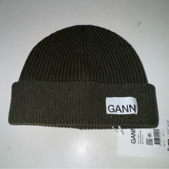 Ganni Fitted Wool Rib Knit Beanie Hat In Kalamata NWT